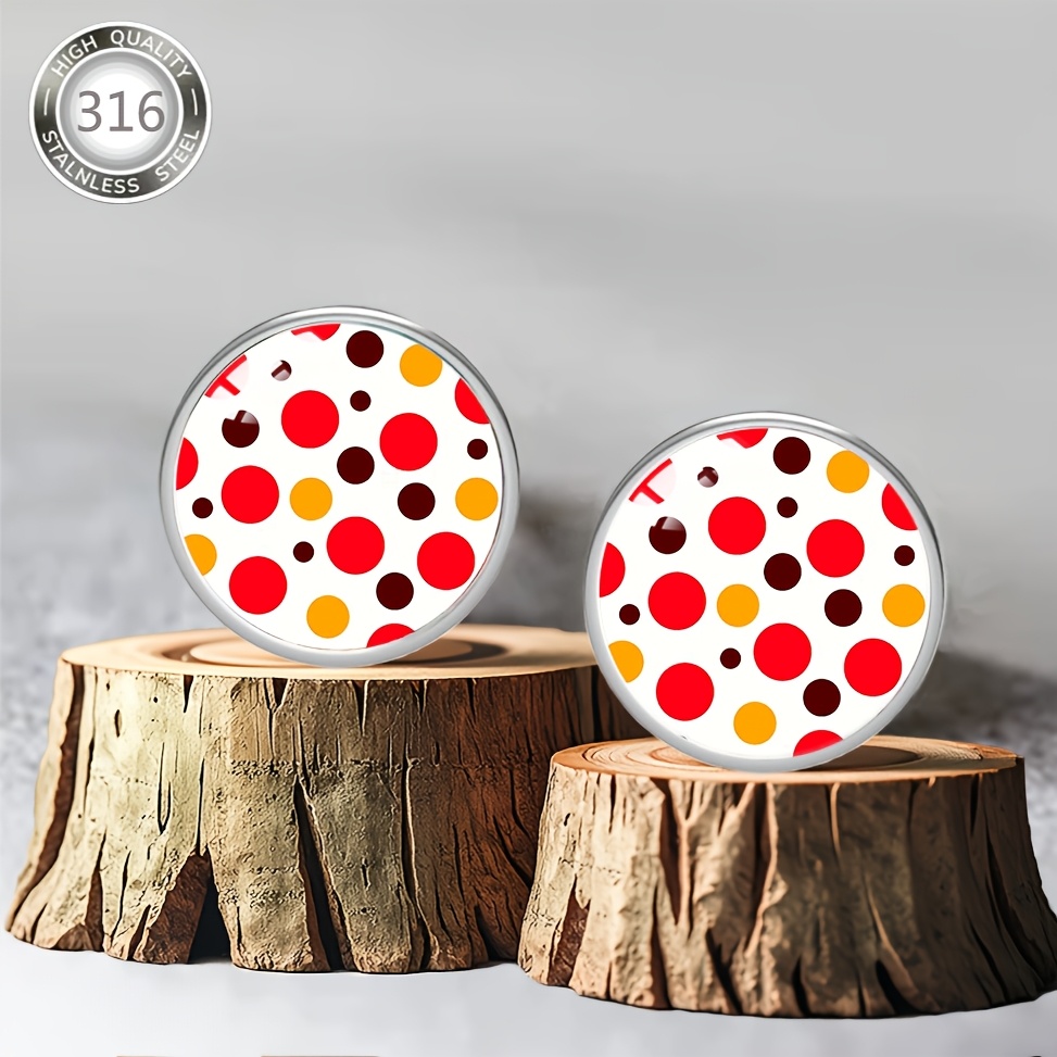 Red Polka Dot Pattern Design Earrings, Stainless Steel